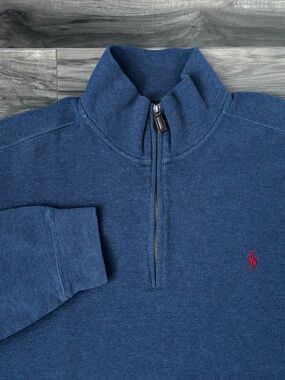 Polo By Ralph Lauren 1/4 Zip Sweater Mens XLT Tall Blue Cotton Pullover Red Pony
